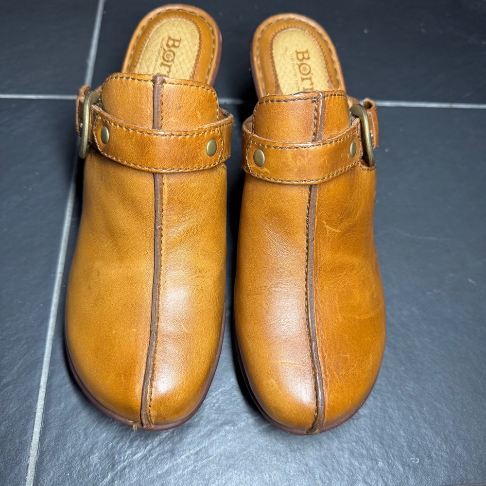 Born Womens Tan Leather Clogs Buckle Strap Platform Block Heel Mules 9 40.5 - Picture 4 of 10